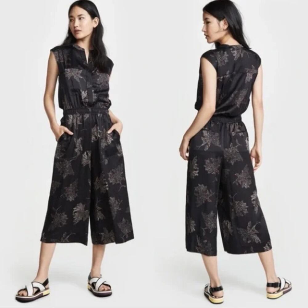 VINCE Floral Woodblock Wide Leg Crop Jumpsuit Coastal Black Sz XS $395 {3F12}